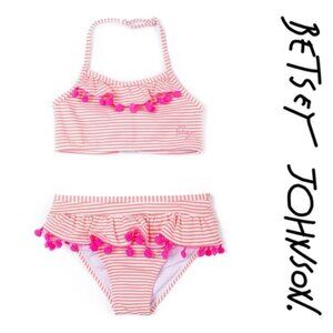 Betsey Johnson | Pink And Cream Seersucker Pompom Trimmed Bikini Set | Size 12